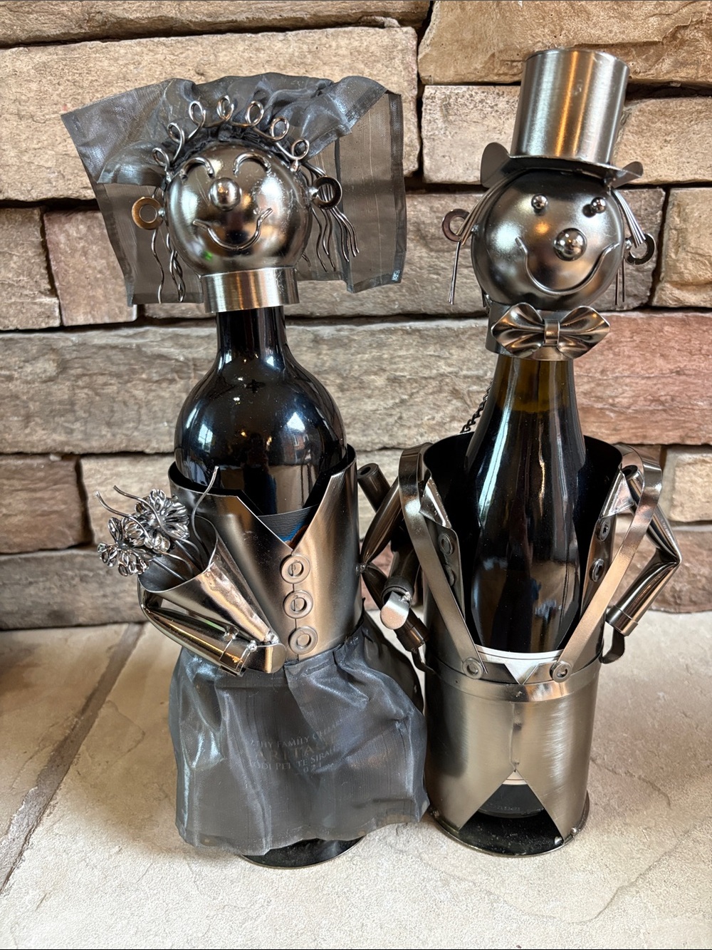 Metal Silver Bride and Groom Wine Bottle Holders - Decorative Home Dining Accent